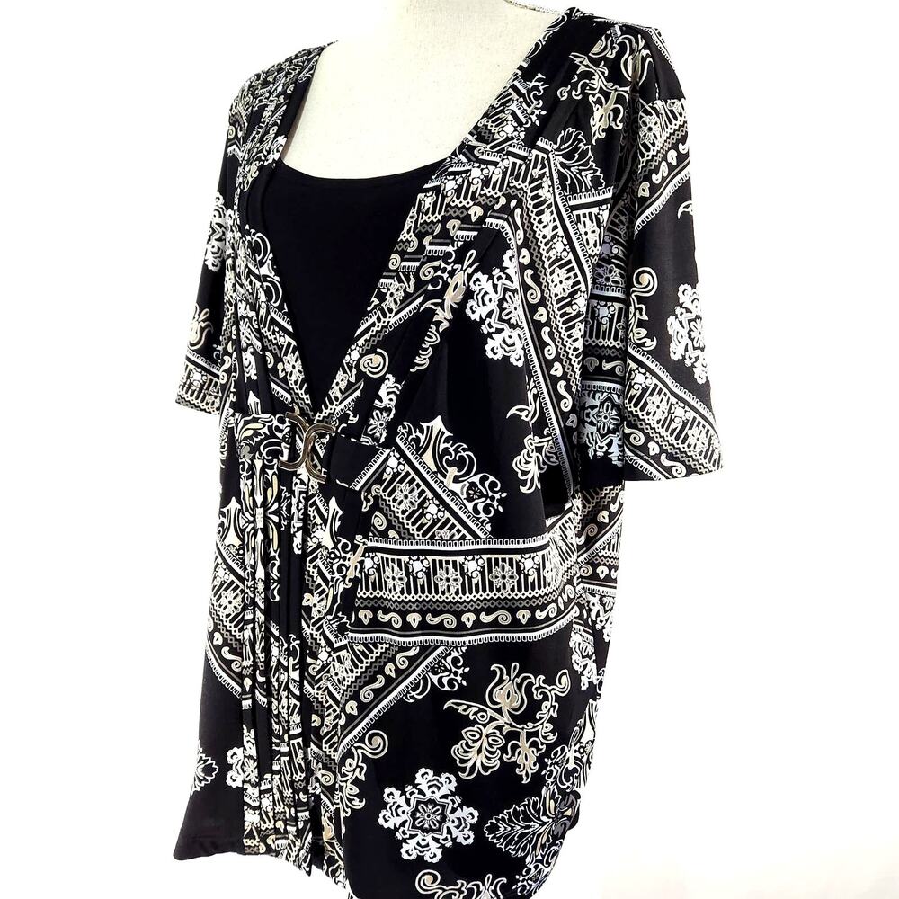 JM Collection Top Size XL Print Tunic Black Gold White Metal Waist Accent Flowy